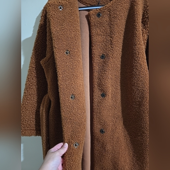 NWT Uniqlo JW Anderson Pile Lined Fleece Sherpa Collarless Coat Women Brown Med - Picture 4 of 10